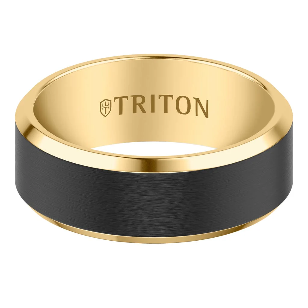 6MM Contemporary Yellow Tungsten Carbide Ring with Black Brushed Center and Polished Beveled Edge Profile