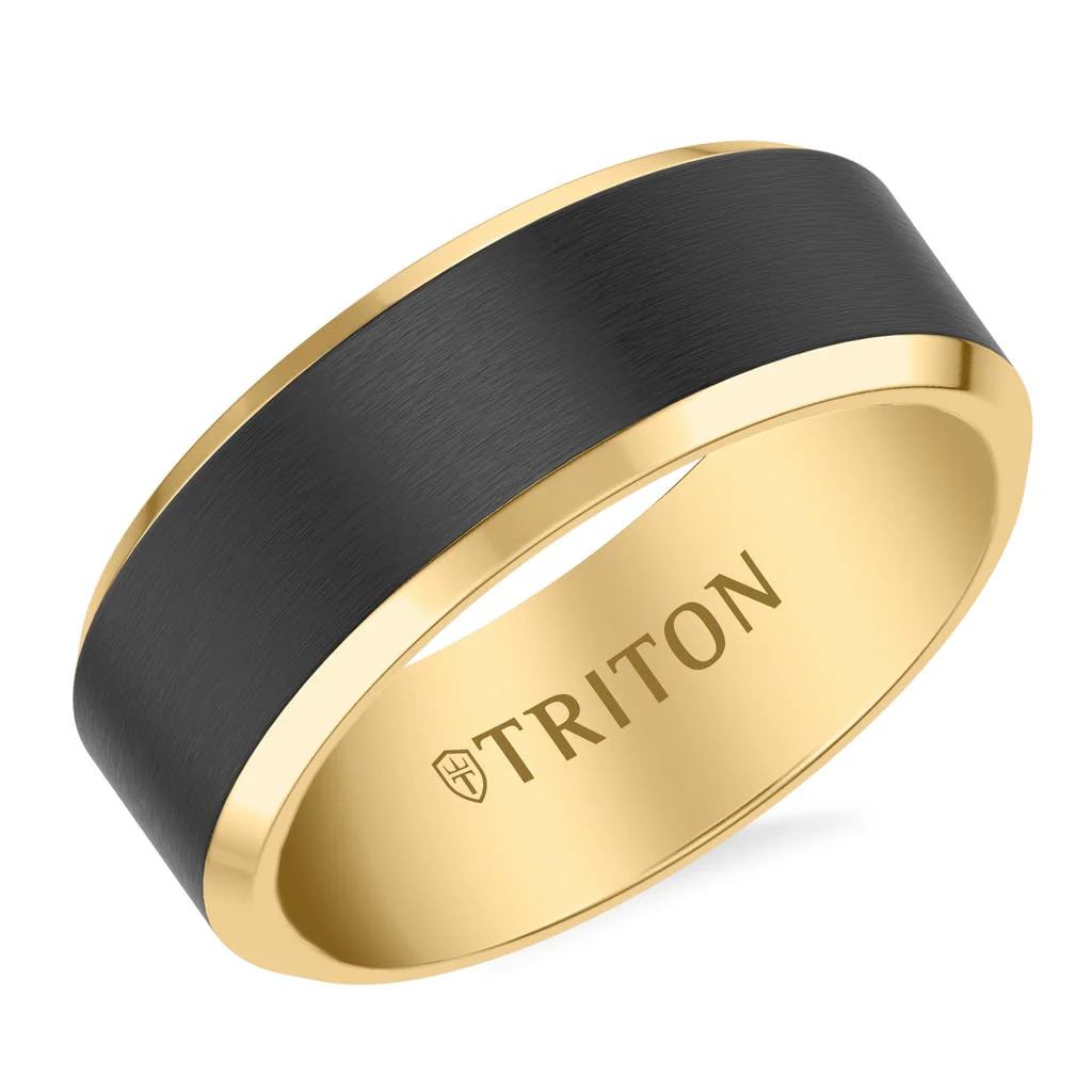 6MM Contemporary Yellow Tungsten Carbide Ring with Black Brushed Center and Polished Beveled Edge Profile - Image 2