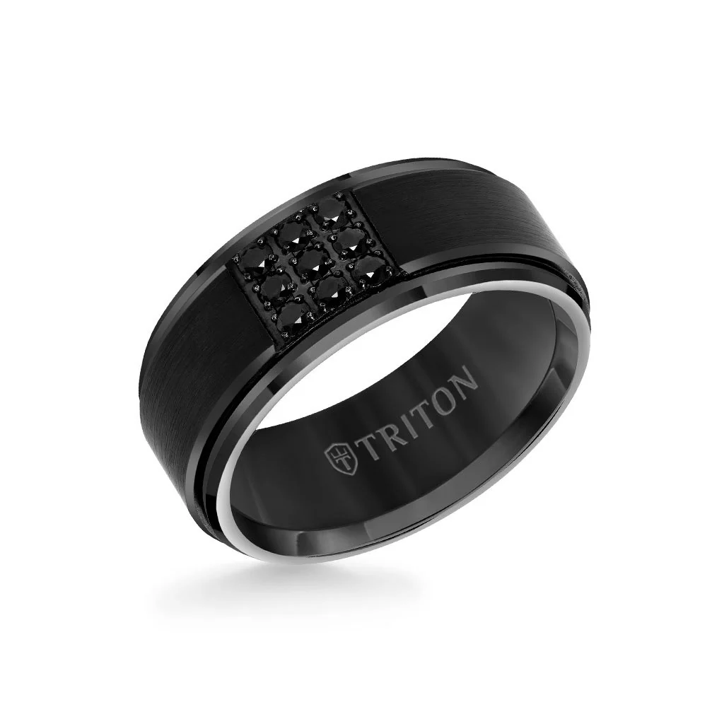 9MM Black Tungsten Carbide Ring - Black Sapphires & Step Edge - Image 2