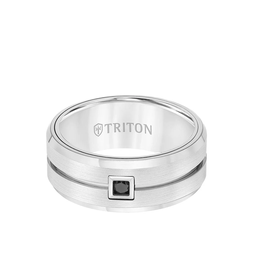 9MM Ring - Black Diamond Solitaire Brushed Center and Bevel Edge - Image 3