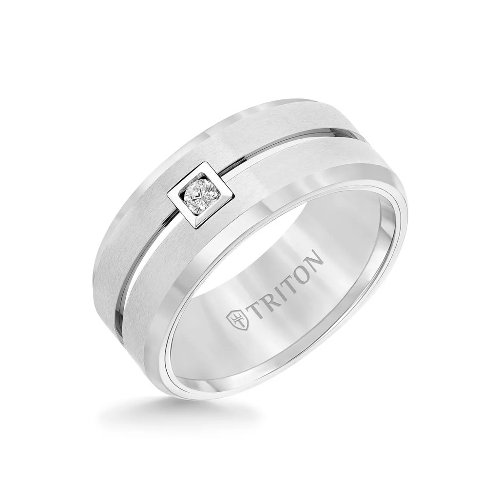 9MM Ring - Diamond Solitaire Brushed Center and Bevel Edge - Image 2