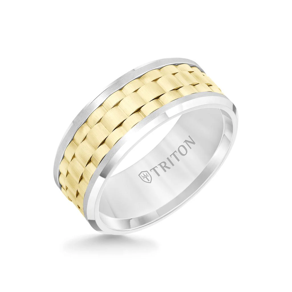 9MM Tungsten Carbide Ring - Basketweave Center and Bevel Edge - Image 3