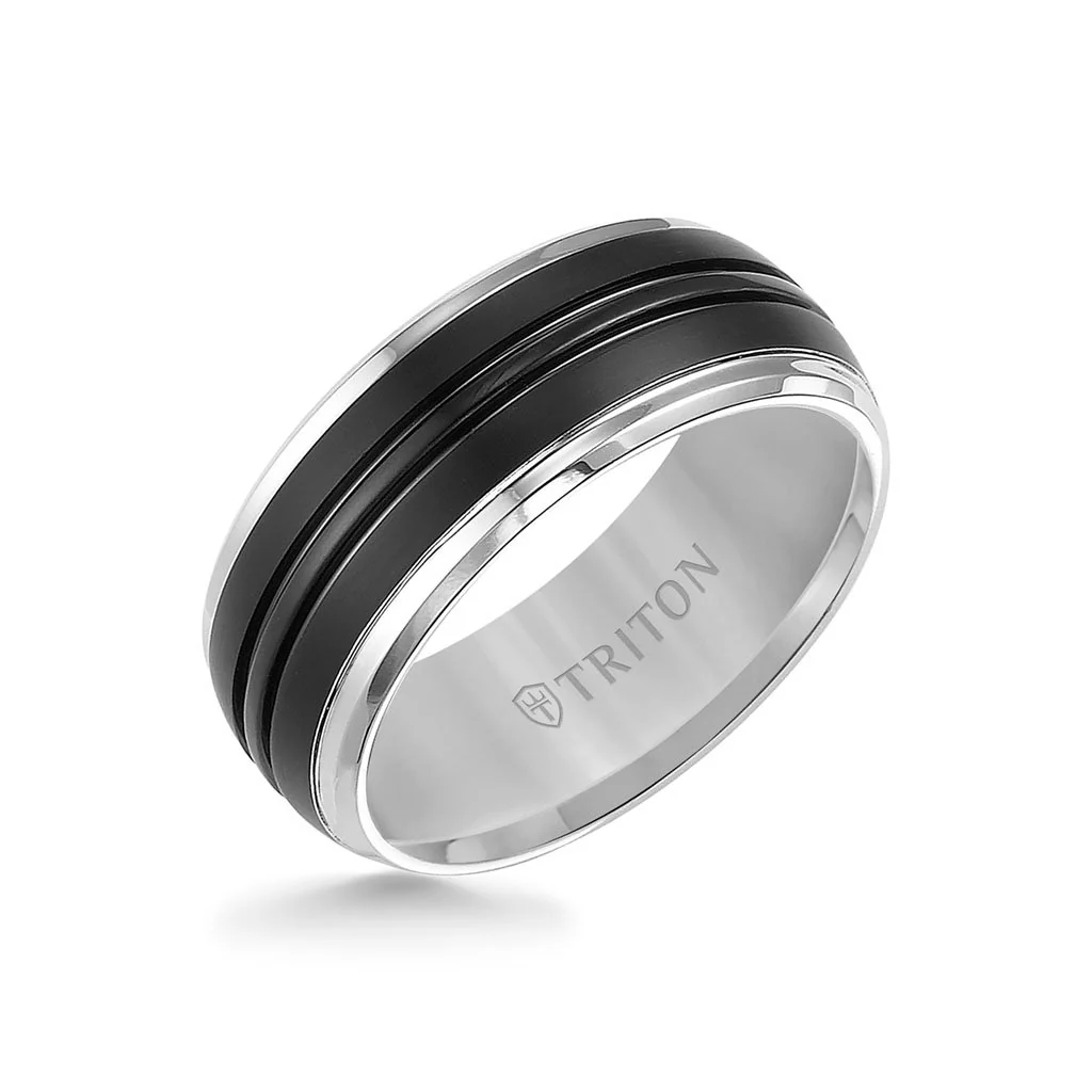 9MM Tungsten Carbide Ring - Black Brushed Center and Bevel Edge - Image 3