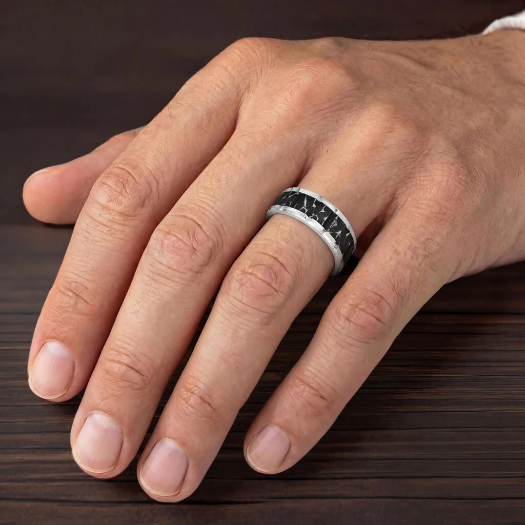 9MM Tungsten Carbide Ring - Black Sandblasted Distressed Center and Bevel Edge - Image 2