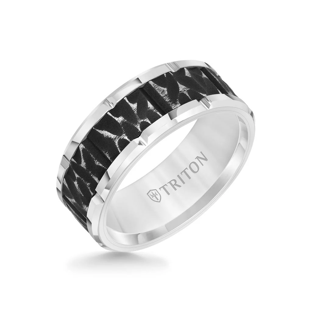 9MM Tungsten Carbide Ring - Black Sandblasted Distressed Center and Bevel Edge - Image 3