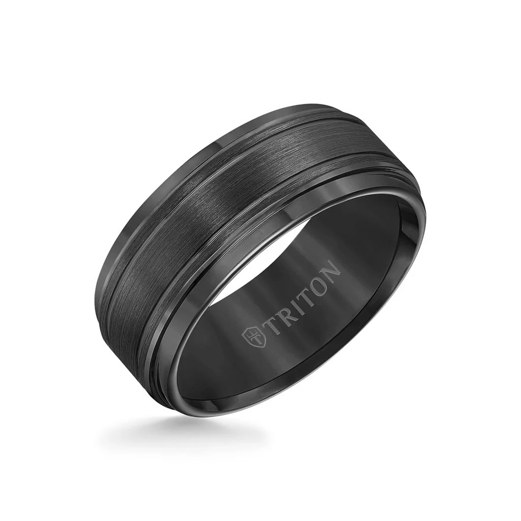 9MM Tungsten Carbide Ring - Bright Cut Parrelel Lines Satin Center and Step Edge - Image 3