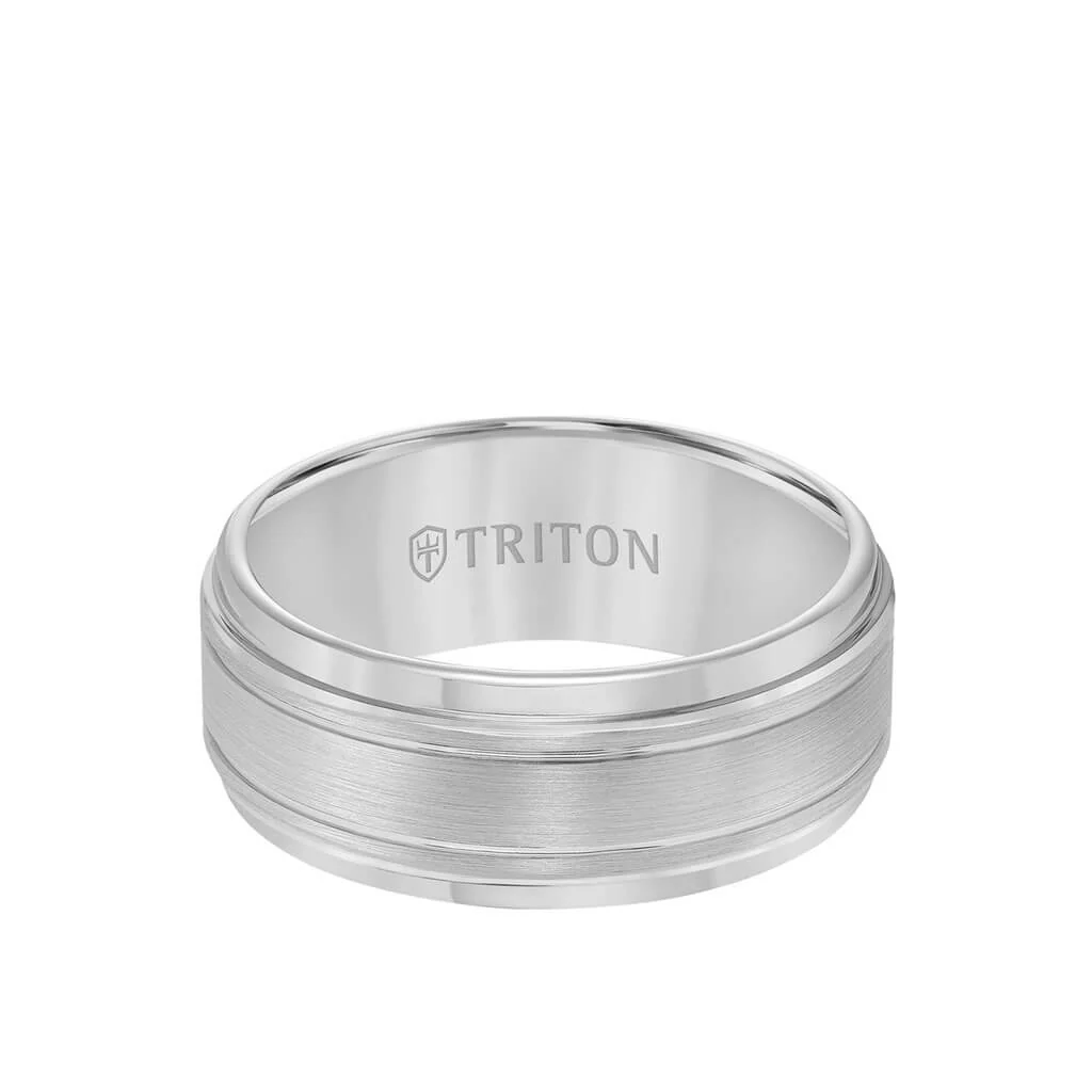 9MM Tungsten Carbide Ring - Bright Cut Parrelel Lines Satin Center and Step Edge - Image 4