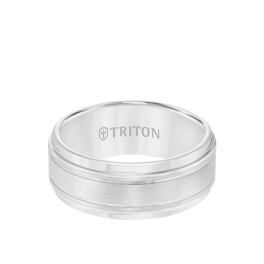 9MM Tungsten Carbide Ring - Bright Cut Parrelel Lines Satin Center and Step Edge - Image 6