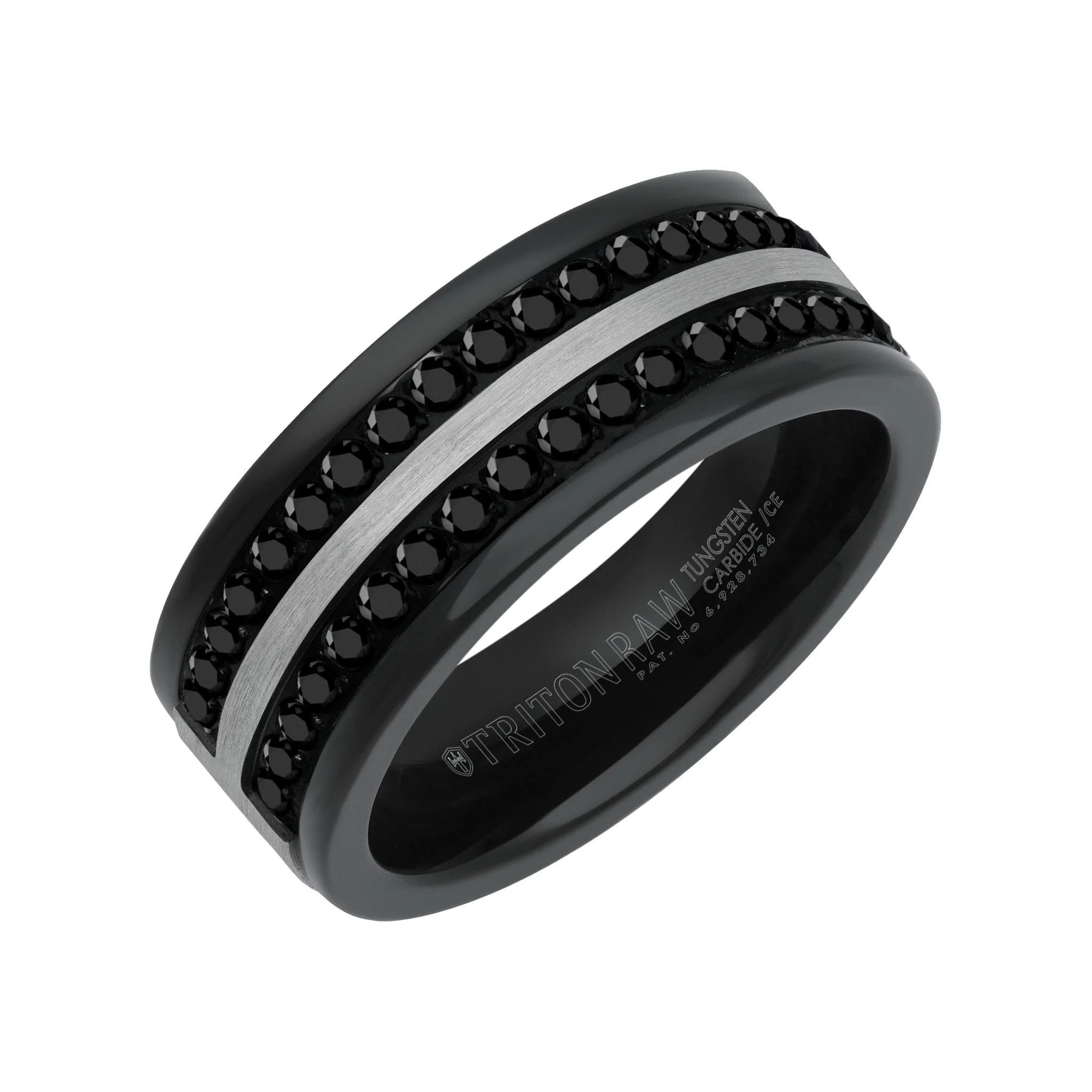 9MM Tungsten Carbide Ring - Double Row Eternity Black Heat-Treated Sapphires and Center Line with Rounded Edge - Image 2