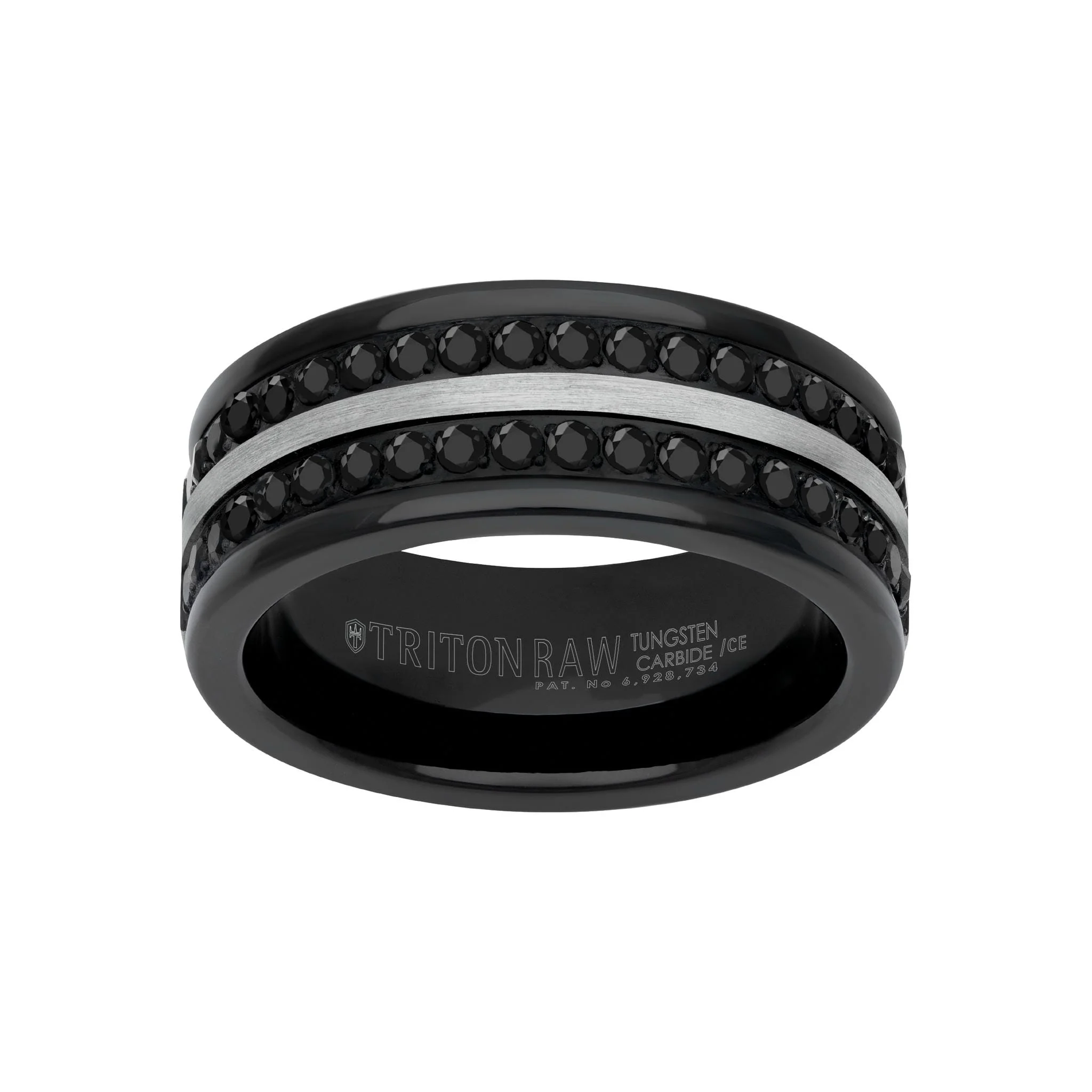 9MM Tungsten Carbide Ring - Double Row Eternity Black Heat-Treated Sapphires and Center Line with Rounded Edge - Image 3