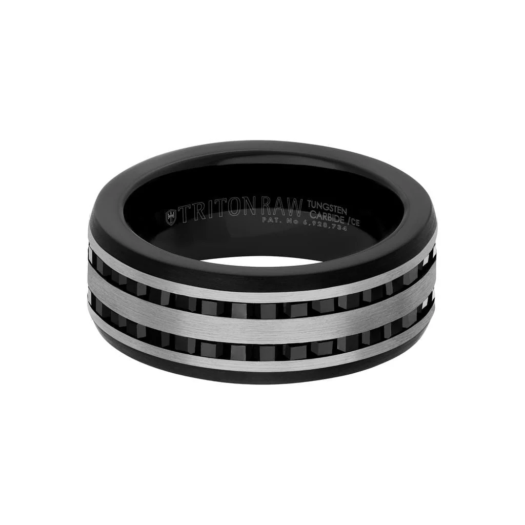 9MM Tungsten Carbide Ring - Double Row Eternity Black Heat-Treated Sapphires and Rounded Edge