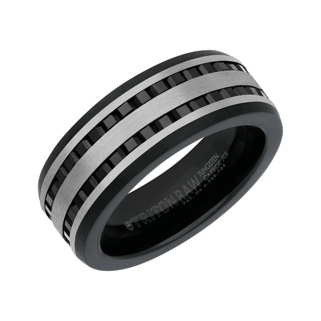 9MM Tungsten Carbide Ring - Double Row Eternity Black Heat-Treated Sapphires and Rounded Edge - Image 2