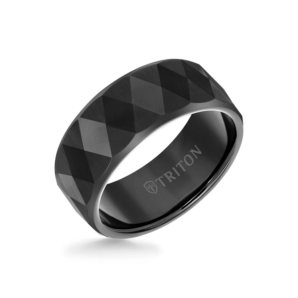 9MM Tungsten Carbide Ring - Faceted Diamond Pattern and Flat Edge - Image 3