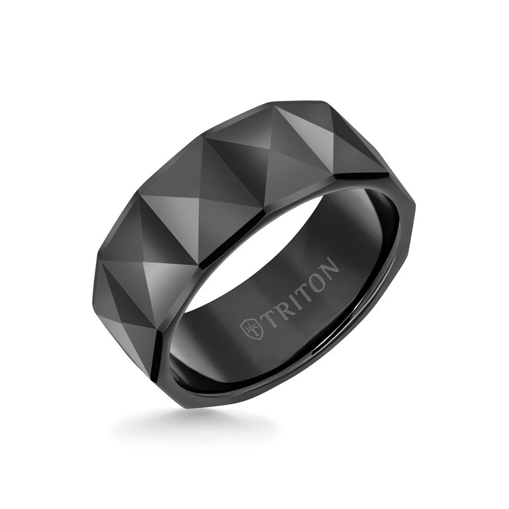 9MM Tungsten Carbide Ring - Faceted Pyramid Pattern and Round Edge - Image 3