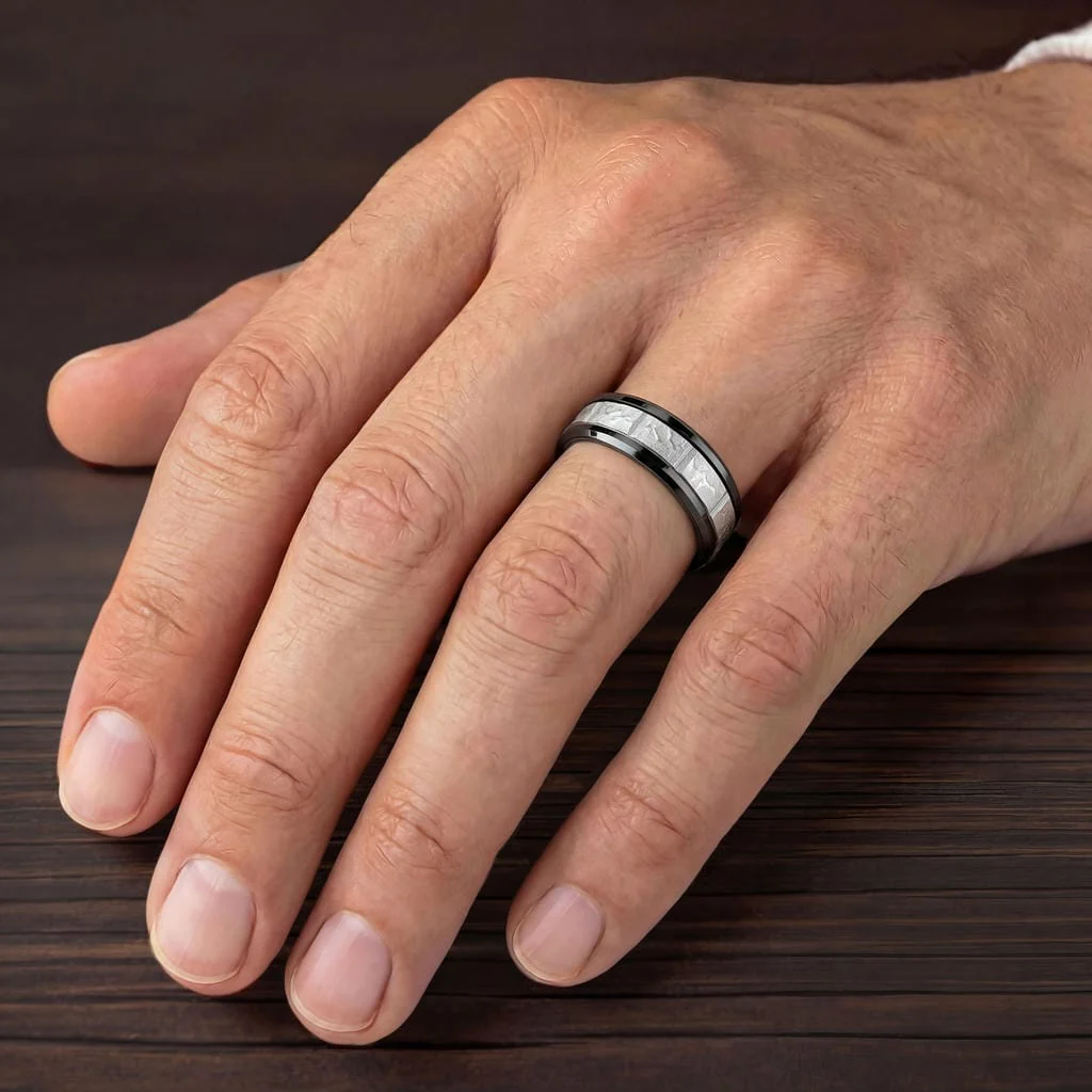 9MM Tungsten Carbide Ring - Grey Sandblasted Distressed Center and Bevel Edge - Image 2