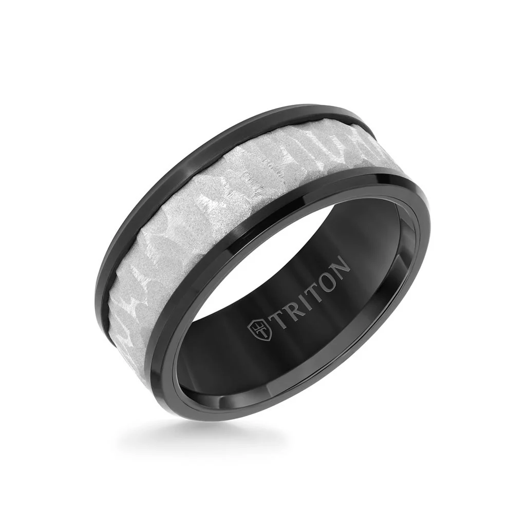 9MM Tungsten Carbide Ring - Sandblasted Distressed Center, Bevel Edge & Polished Rims - Image 3