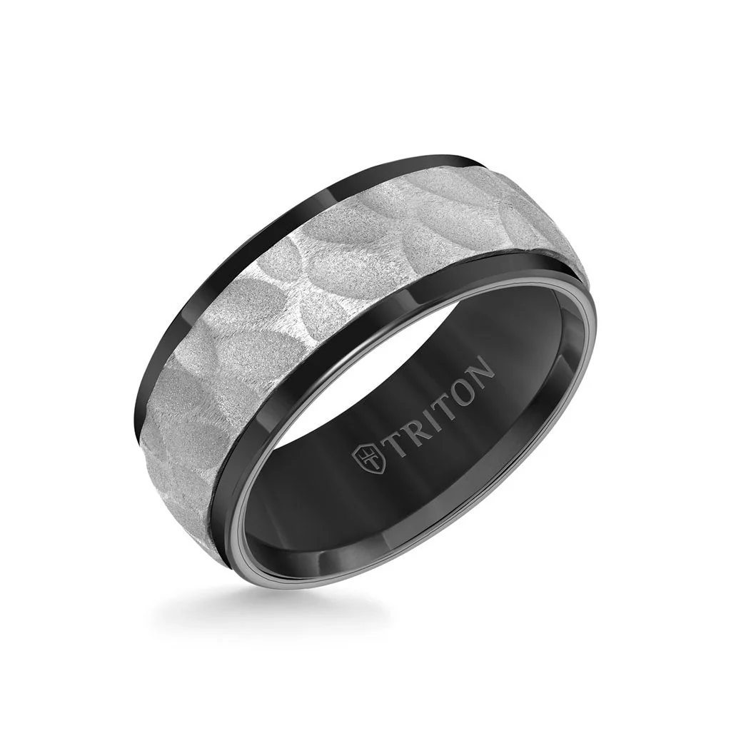9MM Tungsten Carbide Ring - White Sandblasted Distressed Center and Bevel Edge - Image 2
