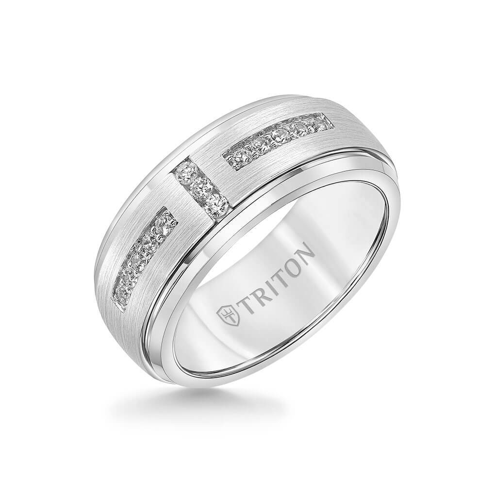 9MM Tungsten Diamond Ring - Channel Set Silver Satin Finish and Bevel Edge - Image 2