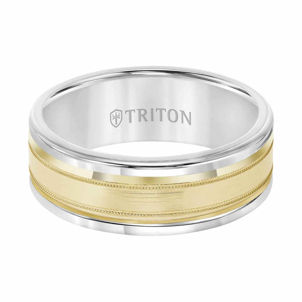 8MM Black Tungsten Ring - 14K Gold Center with Beveled Milgrain Finish and Round Edge