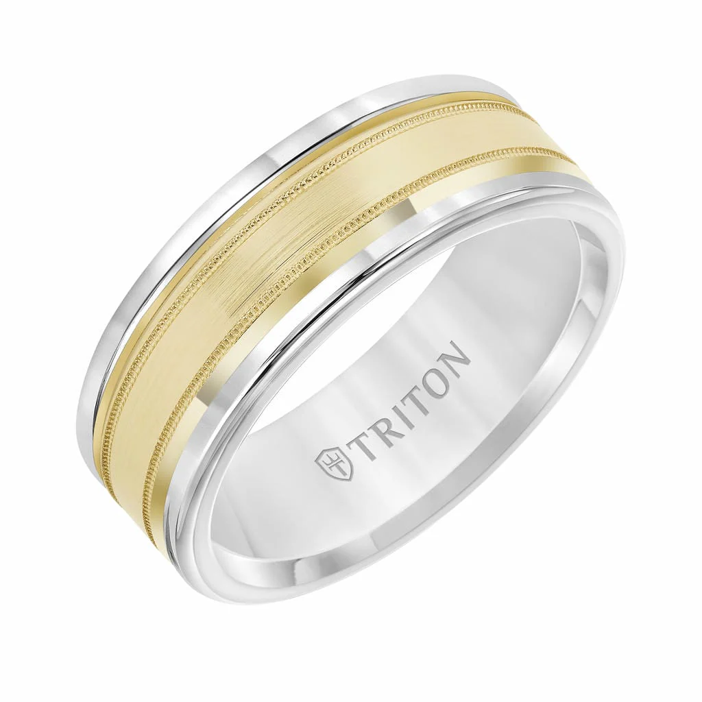 8MM Black Tungsten Ring - 14K Gold Center with Beveled Milgrain Finish and Round Edge - Image 2
