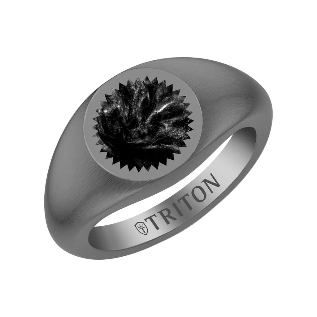Brushed Black Rhodium Sterling Silver Essentials Signet Ring with Ceram8 Full Moon Inlay and J Curved Edge - Image 3
