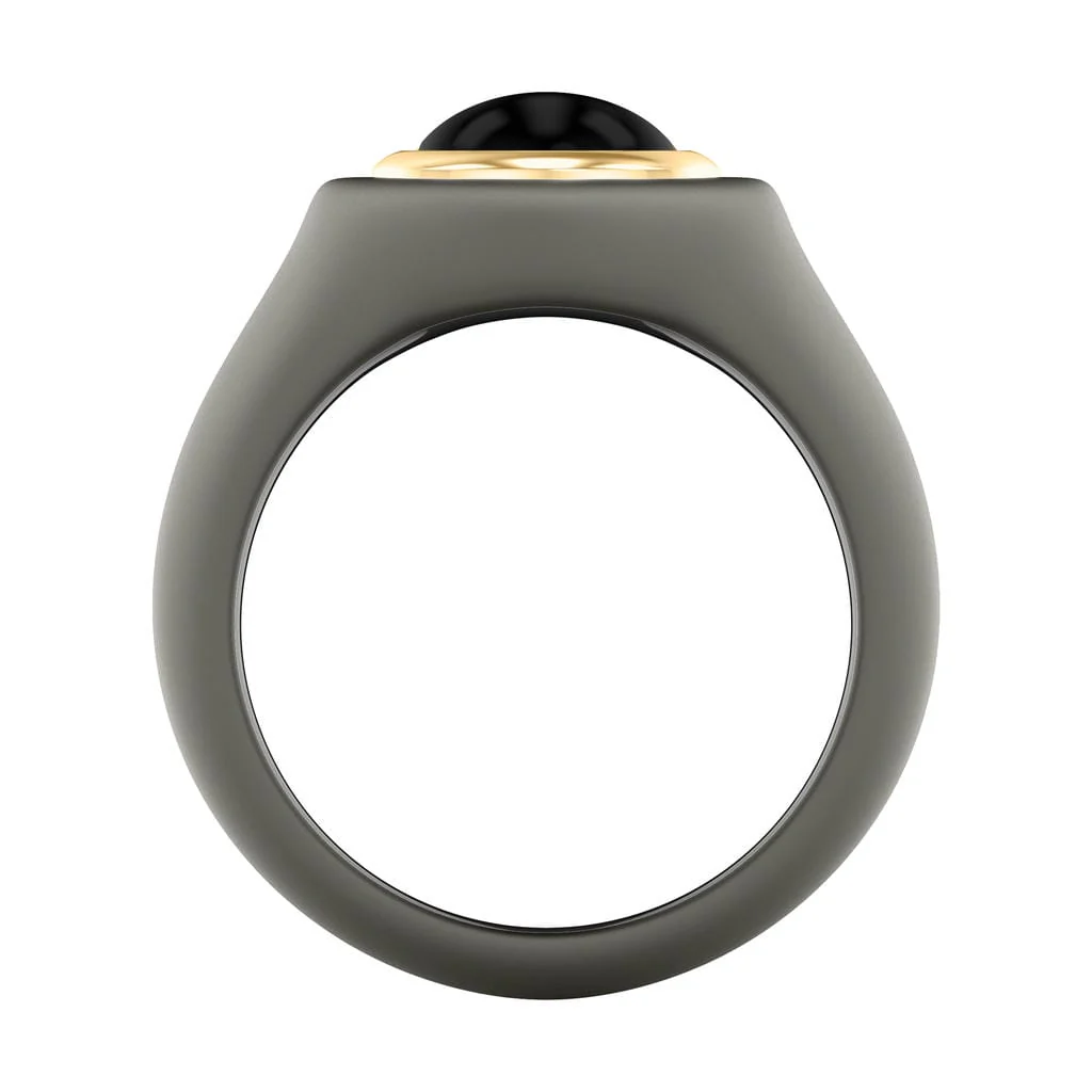 On-Trend Titanium Open Signet Ring with Oval Bezel Black Onyx Center and 18K Yellow Gold Plating over Sterling Silver - Image 3